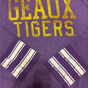 LSU Team Spirit Go Tigers Purple and Gold Distressed Long Sleeve Tee Shirt